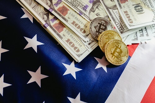 bitcoin us flag with dollar bills background