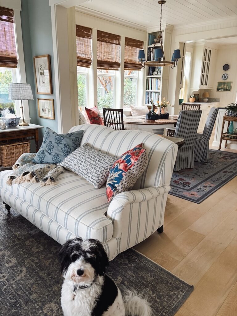 charming coastal cottage blue white striped couch pottery barn pillows the inspired room